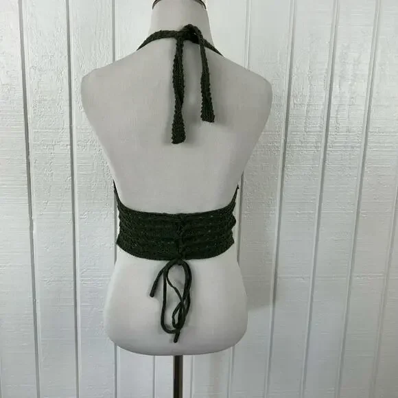 Crochet Knit Halter Top Boho Fairy Grunge Festival Beach Women XS S Green - Picture 3 of 4